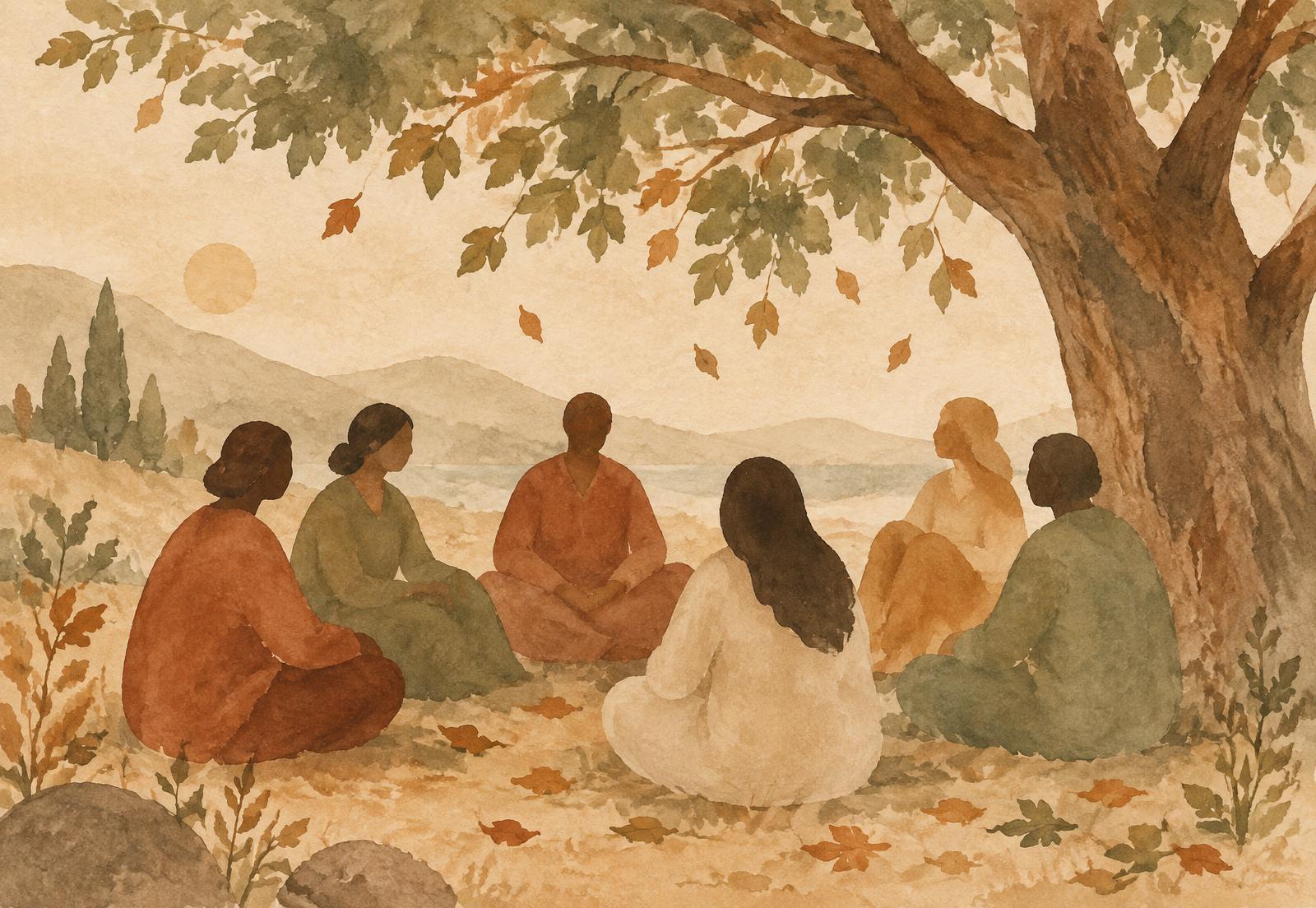 Watercolour illustration of a support group sitting together in a circle beneath a tree